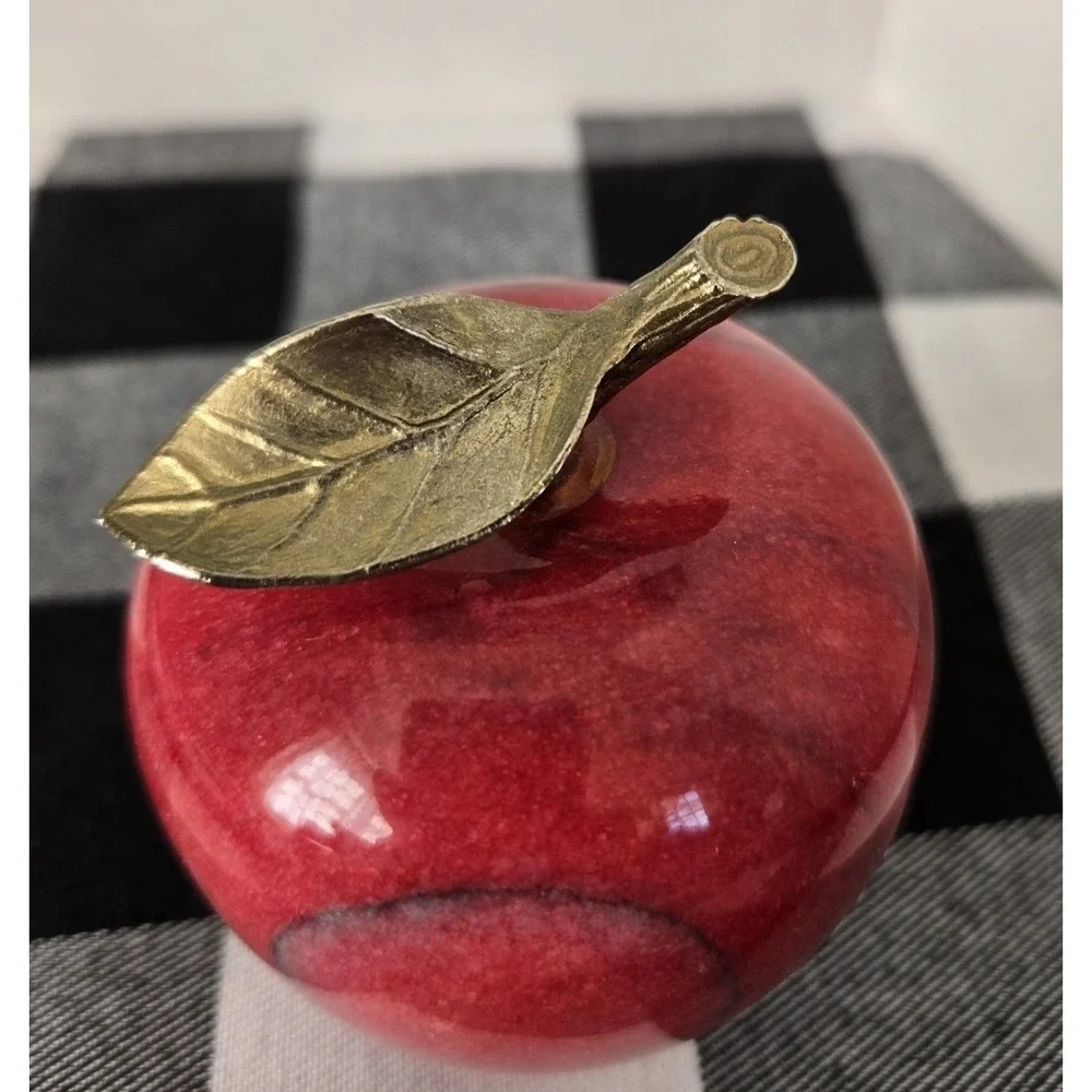 Stone‎ Marble Red Apple Paperweight with Brass Stem Polished Teacher Farmer